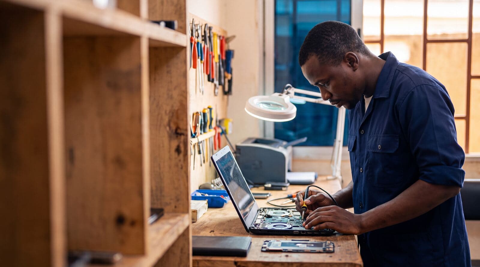 PrimeTech technician repairing a laptop at a workbench